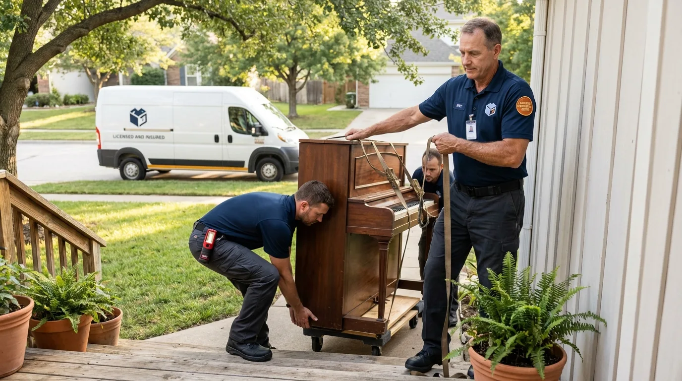 Licensed piano movers securing grand piano in Roebling, NJ