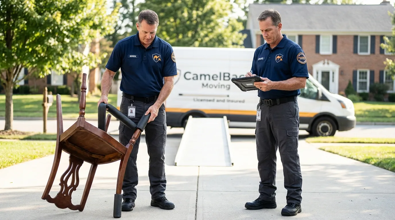 Movers inspecting furniture for damage prevention before loading in Roebling, NJ