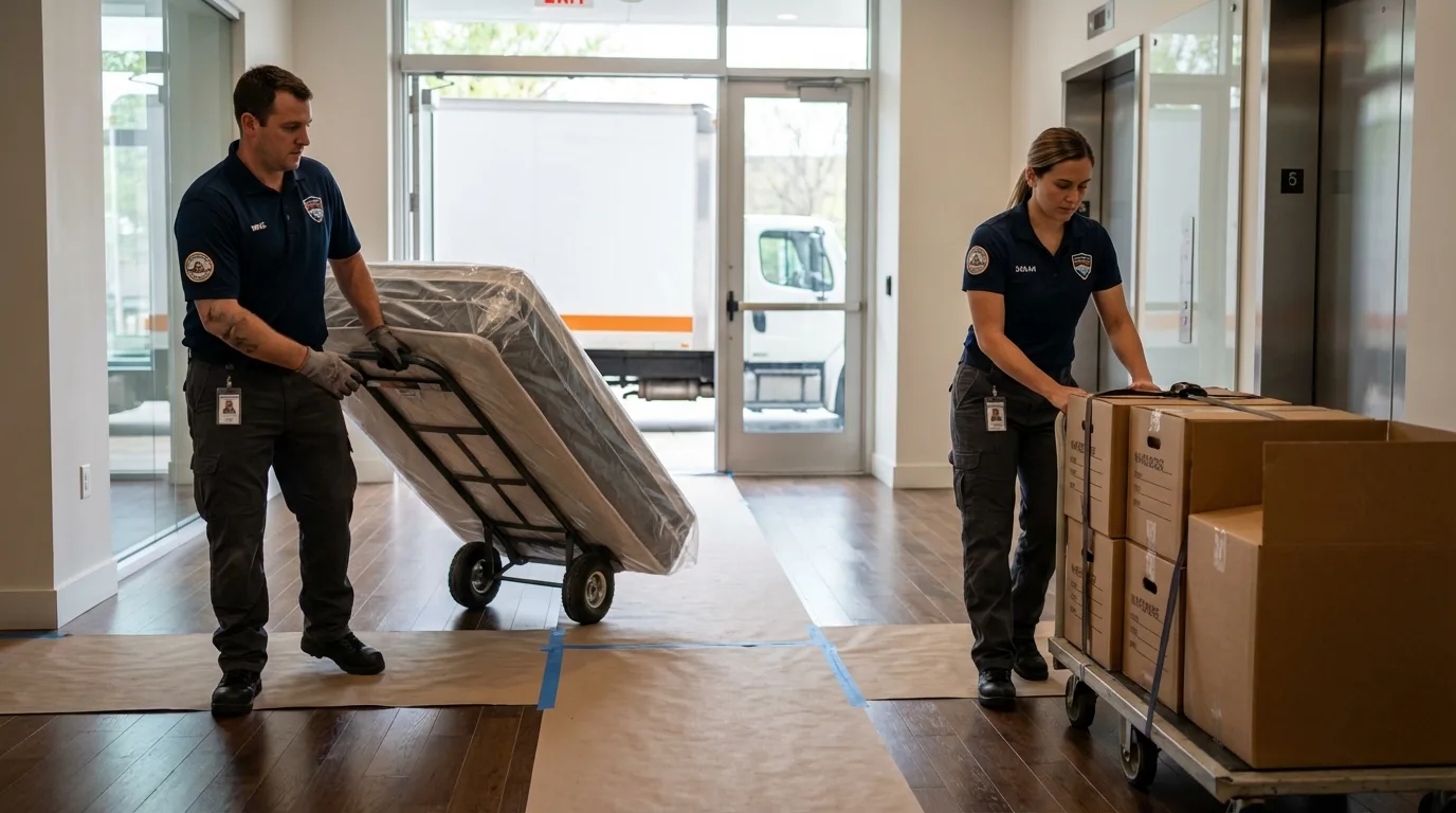 Professional apartment movers loading elevator in Roebling, NJ